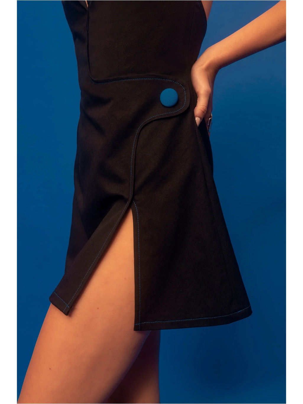 Santos By Monica Penelope Halter Dress In Black Mini Retro Electric Blue Accent — image 2 of 8